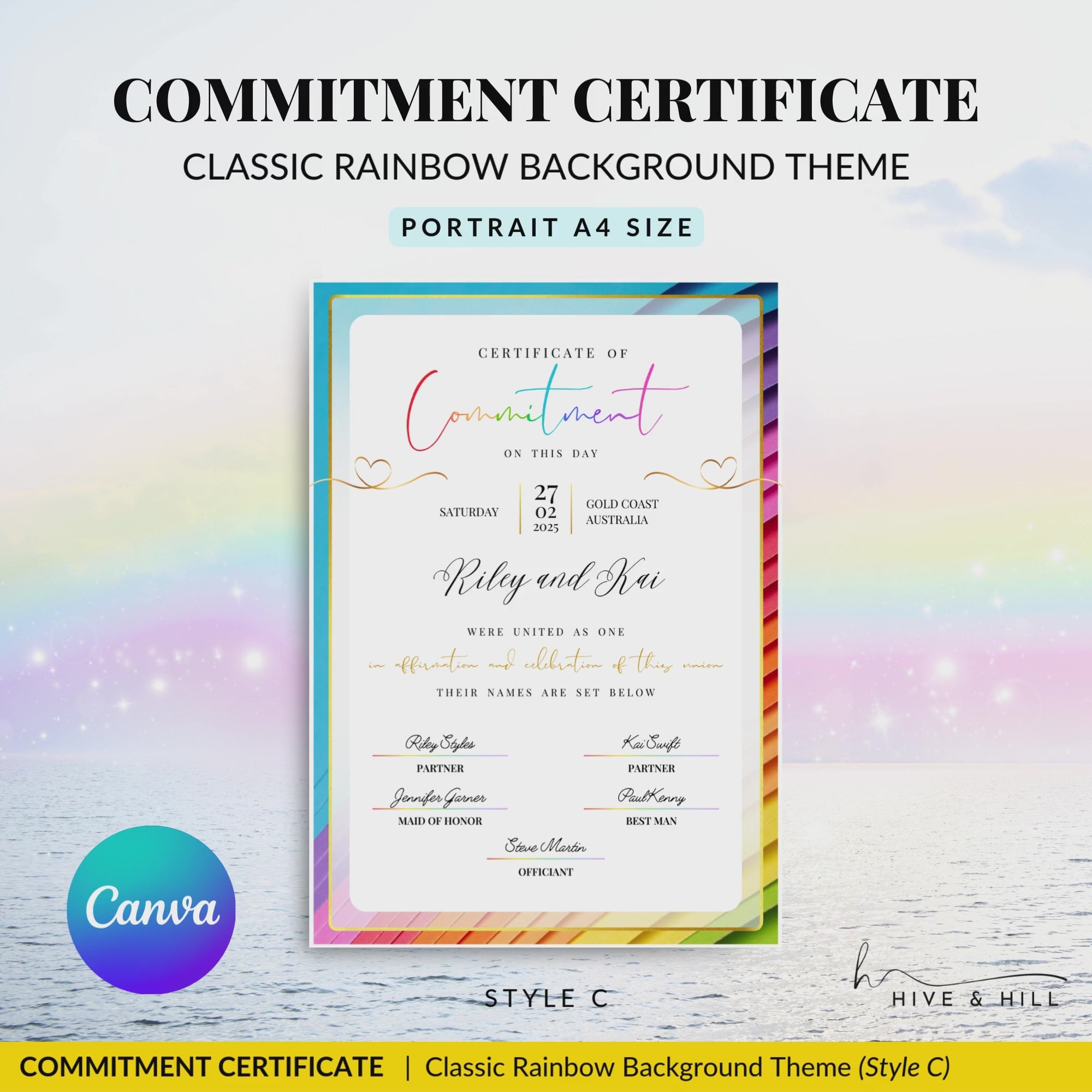 Step-by-step video tutorial demonstrating how to personalize the Classic Partner Commitment Certificate template, including editing partner names, dates, pronouns, and decorative elements using Canva, with tips for non-binary and same-sex couples.