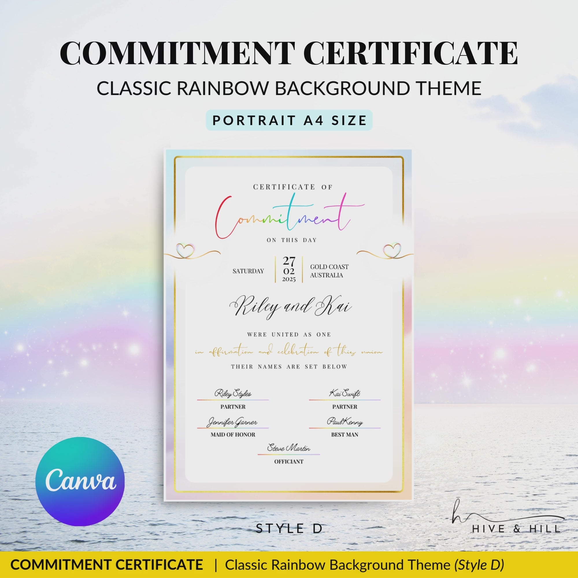 Step-by-step video tutorial showing how to customize the LGBTQ+ pronoun commitment certificate template using Canva, including editing names, pronouns, and design elements for a truly personalized keepsake.