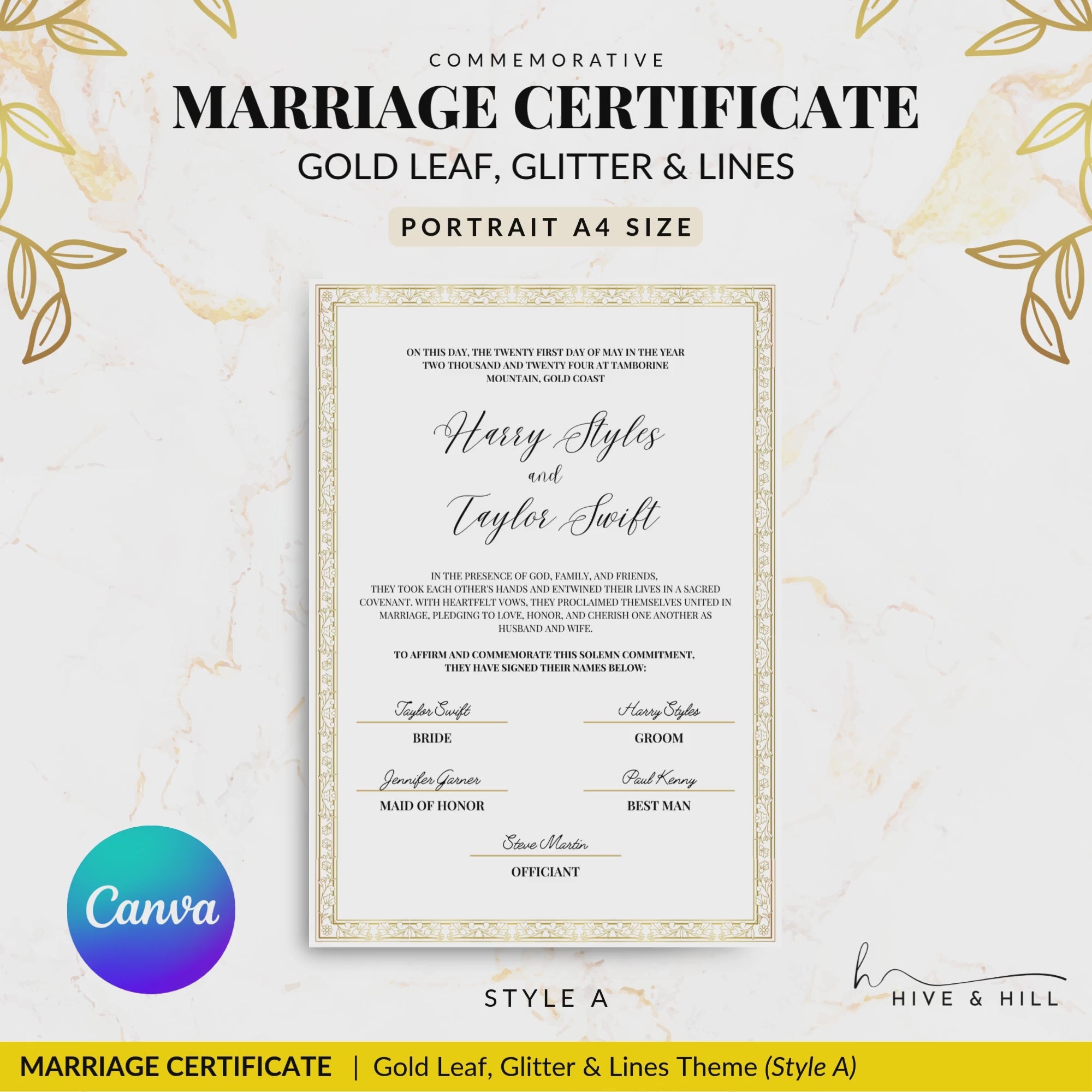 Handcrafted Gold Portrait Marriage Certificate – Elegant Keepsake for Your Wedding Day
