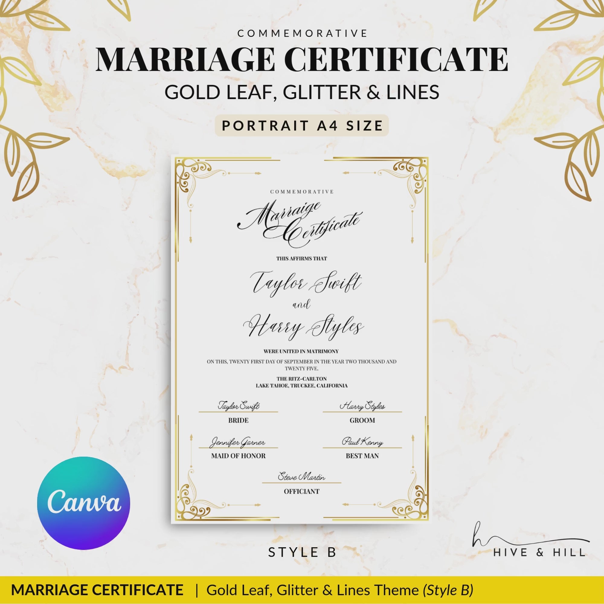 Handcrafted Gold Portrait Marriage Certificate – Keepsake for Your Wedding Day