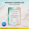 Coastal Serenity Beach Wedding Certificate – Elegant Aerial Ocean & Sand Design