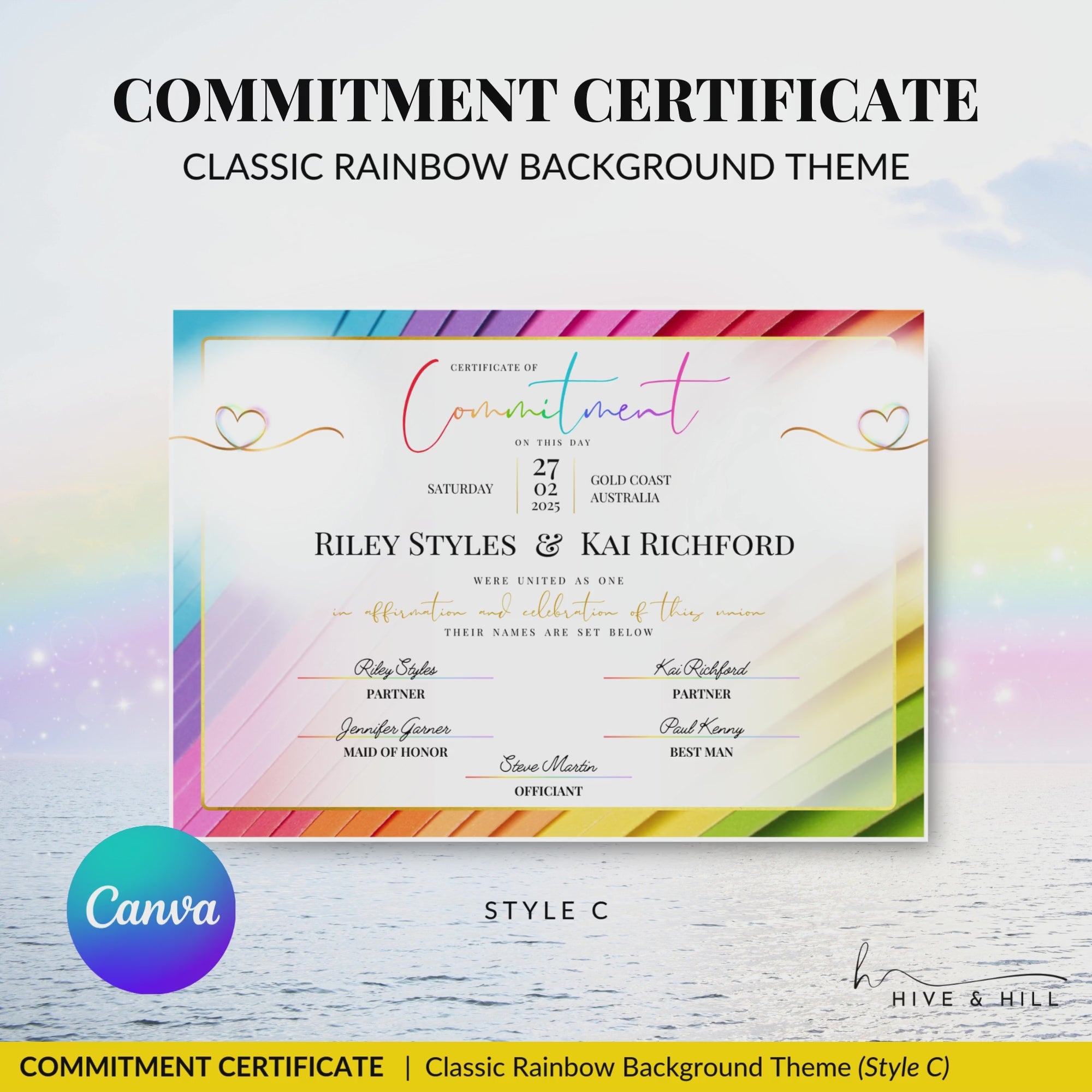 Video demonstration showing how to edit and personalize the Beautiful Pronoun Commitment Certificate in landscape style. The video highlights custom name, pronoun, and date fields, as well as the vibrant rainbow design, making it easy for couples or polycules to create a unique and inclusive keepsake.