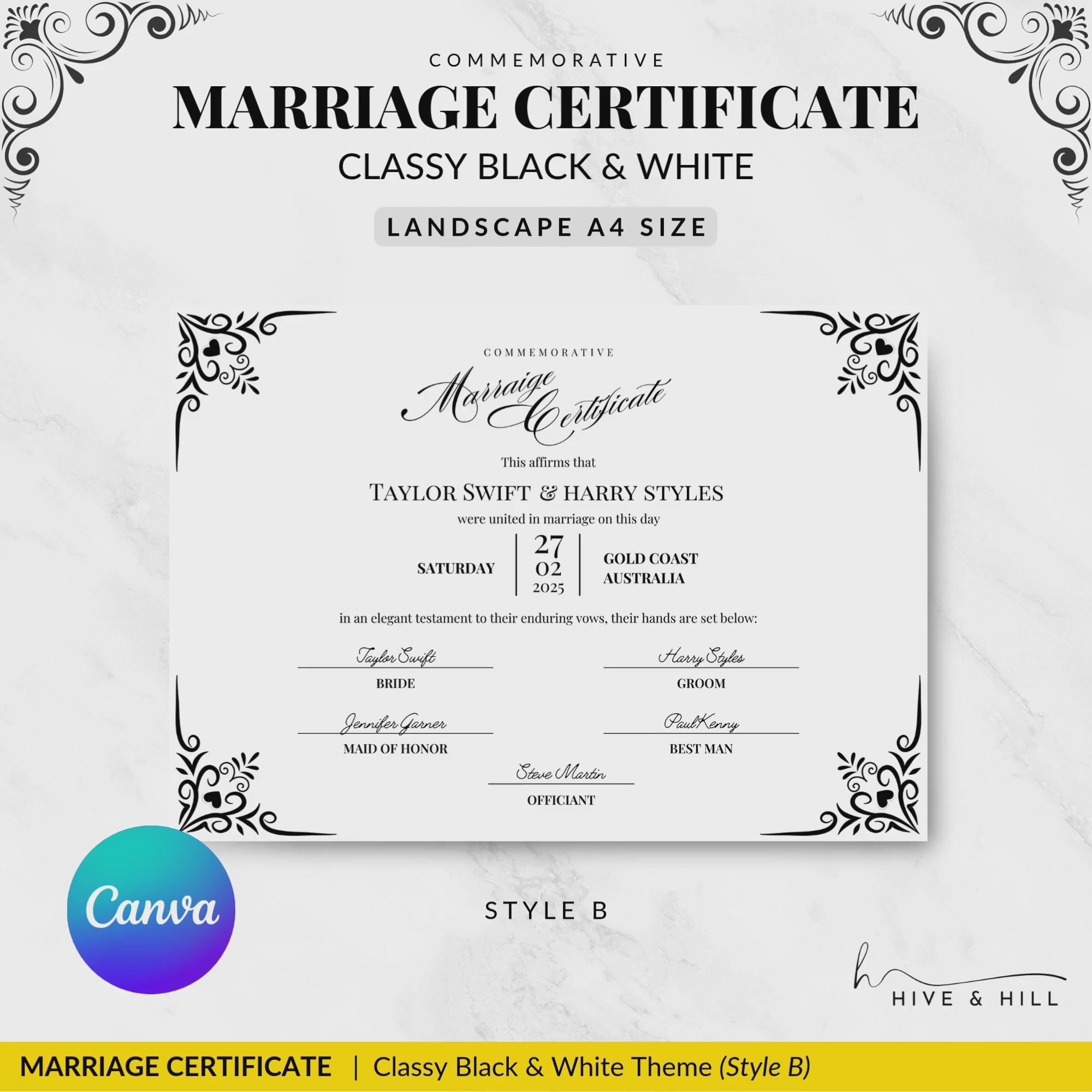 Timeless Black and White Landscape Marriage Certificate – Elegant Wedding Keepsake