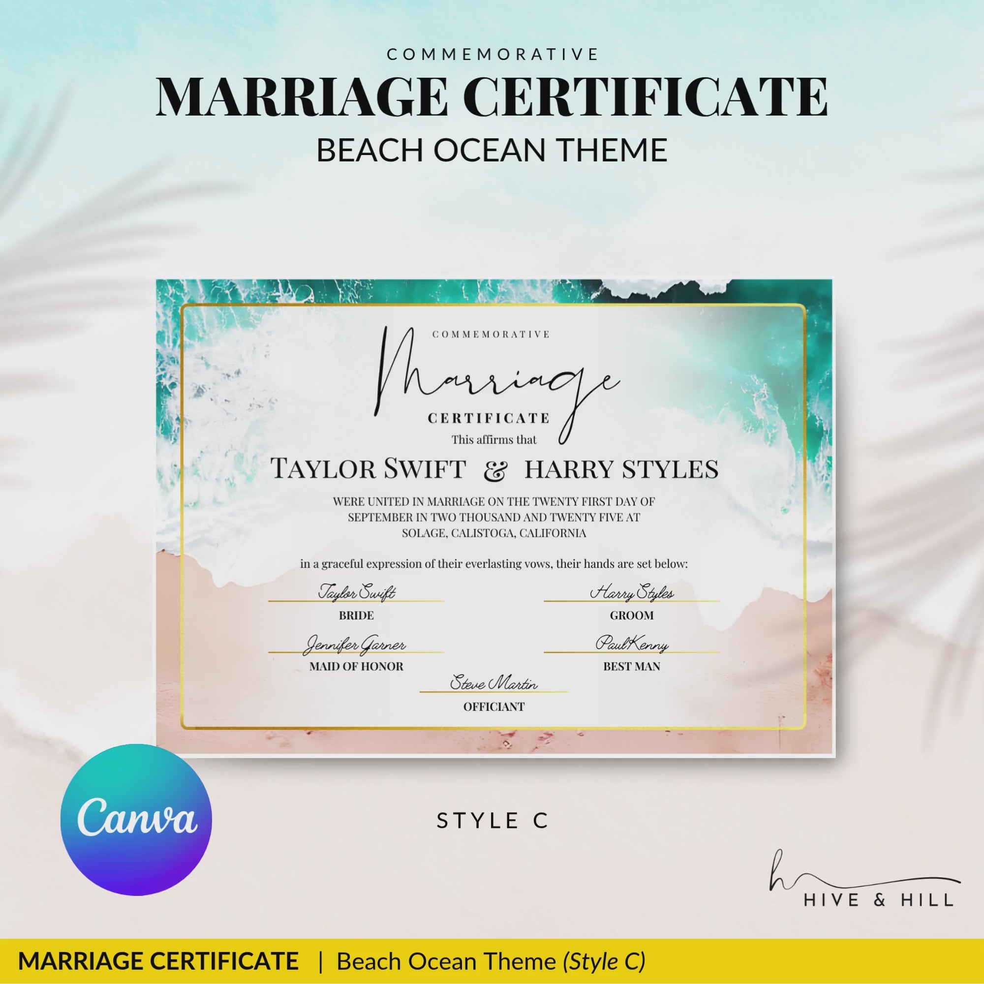 Endless Horizon Surfside Wedding Certificate – Aerial Beach & Sun-Inspired Memento