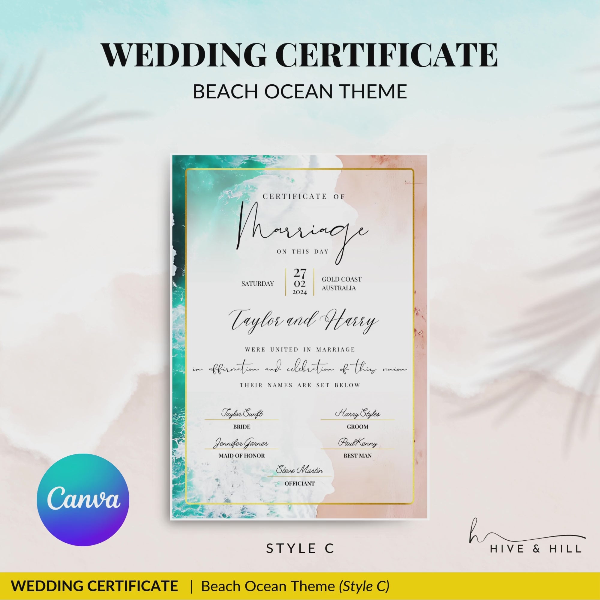 Beach Design Wedding Certificate – Beautiful Aerial Beach & Surf Design